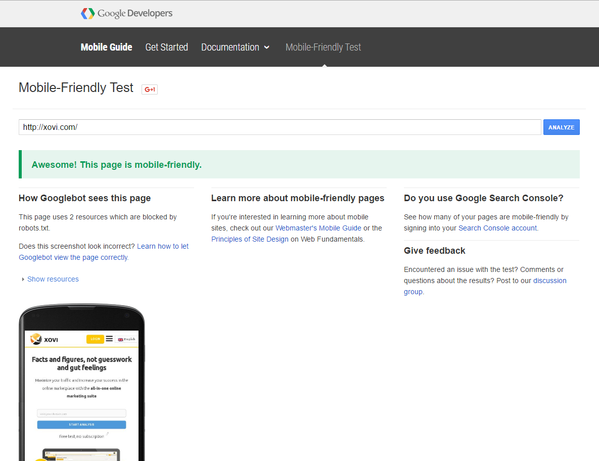 Google Mobile Friendly Test: xovi.com
