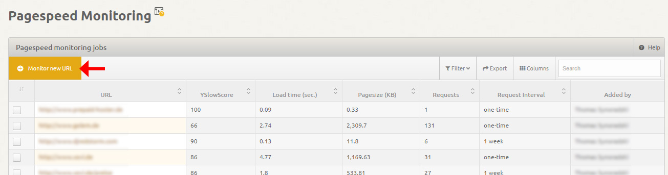 Pagespeed Monitoring: Monitor new URL