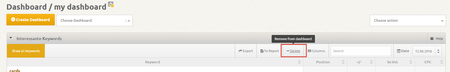 Delete element from custom dashboard