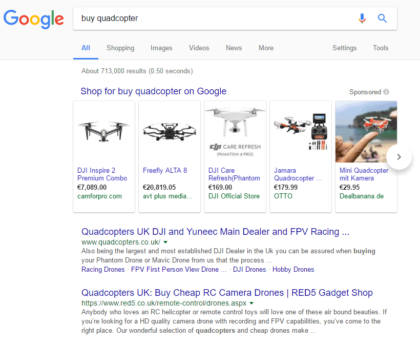 Google.co.uk SERP: buy quadcopter