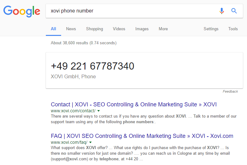 Google.co.uk SERP: xovi phone number