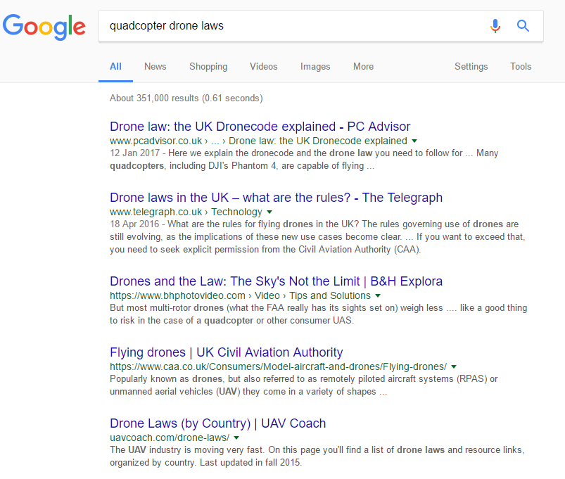Google.co.uk SERP: quadrocopter drone laws