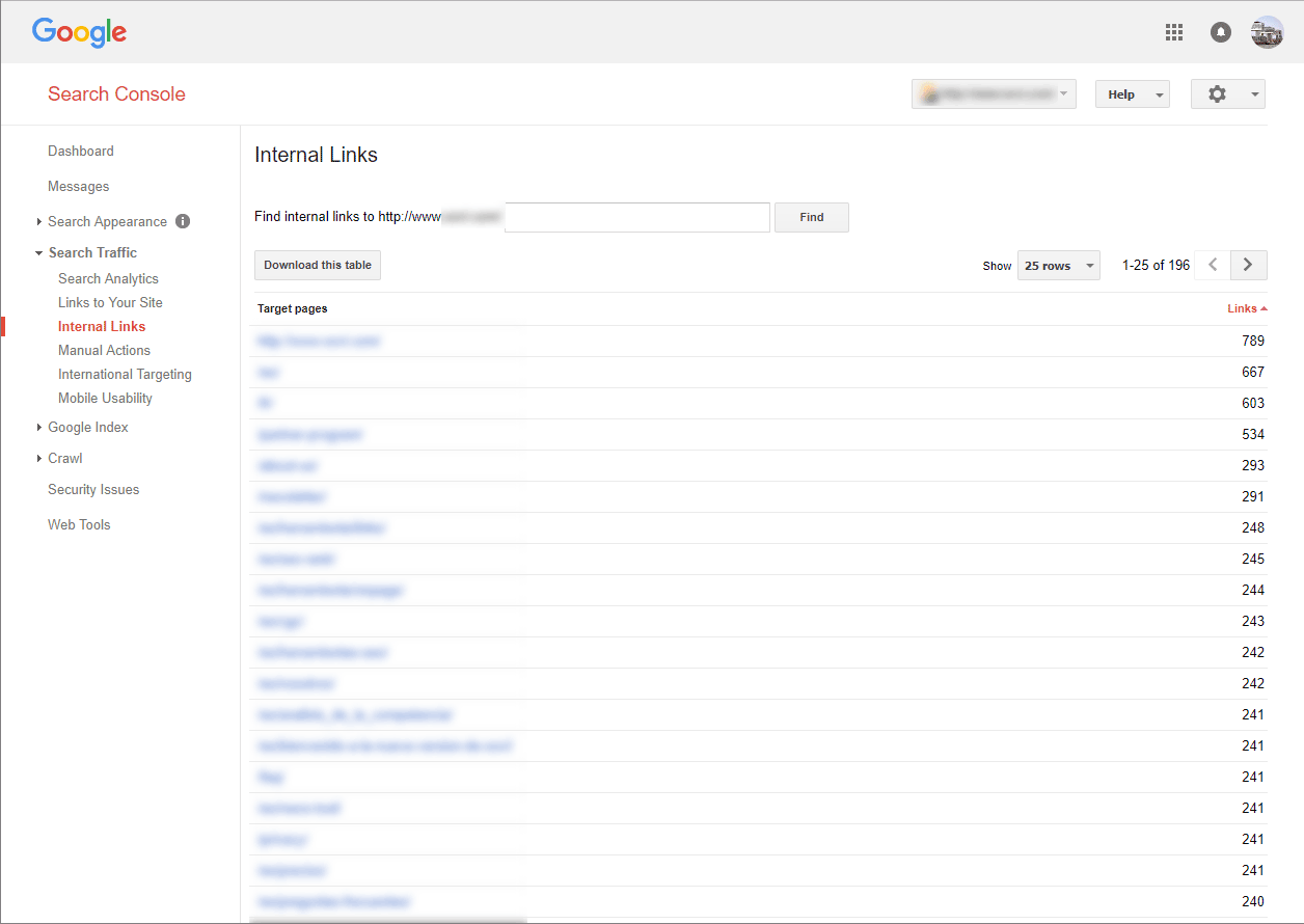 Search console internal links