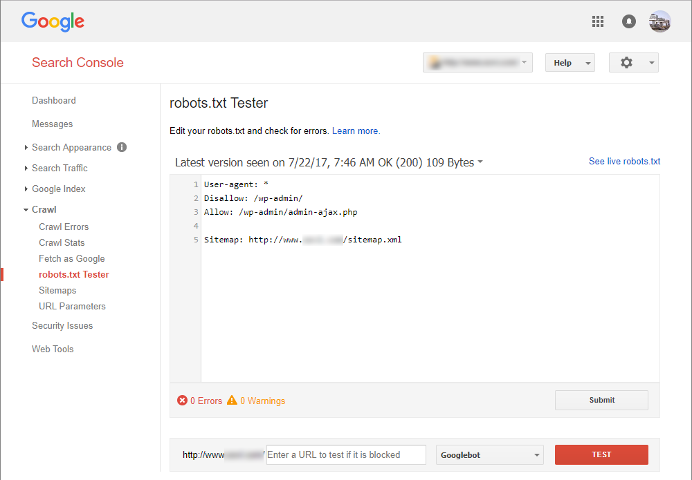 Search console robots.txt tester