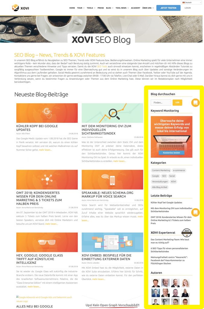 Contains offers and additional information: The right sidebar of the XOVI blog