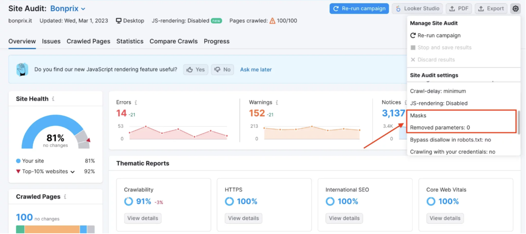semrush site audit dashboard