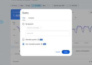 Google Search Console Performance report mockup showing the Non-branded filter chip applied, with metrics for clicks and impressions, a trend line chart, and a query table with a branded query row filtered out 